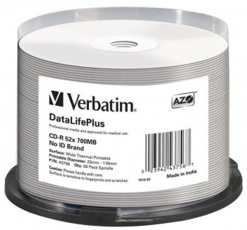 Диск CD-R Verbatim 700Mb 52x DL+ White Wide Thermal Printable (50шт) (43756)