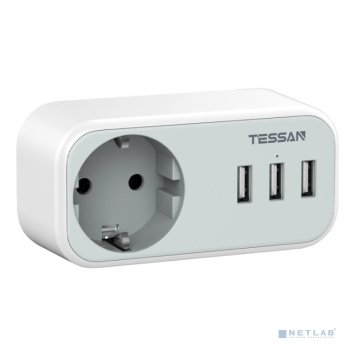 Сетевой фильтр TESSAN TS-329 Grey с 1 розеткой 220В и 3 USB портами {80001845}